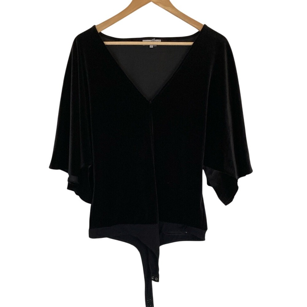 1. State Womens Black 3/4 Wide Sleeve Velour‎ Bodysuit Size XL V Neck Elegant